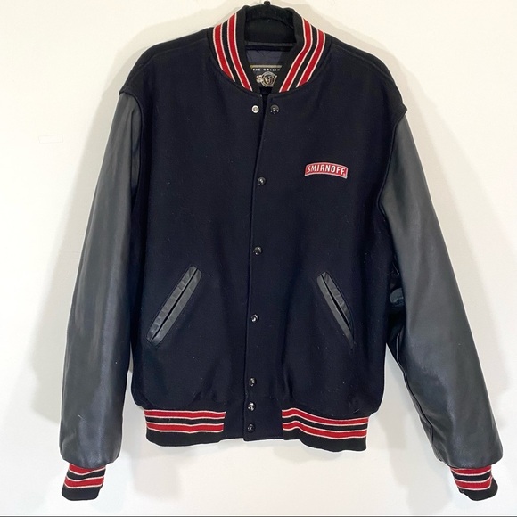 Vintage Smirnoff Vodka Leather Sleeve Varsity Letterman Bomber Jacket Red Large - Picture 2 of 8
